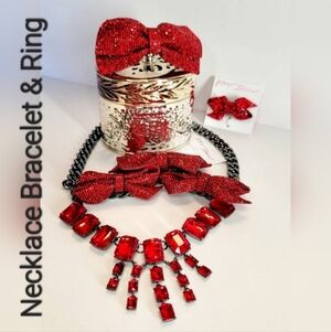 Betsey Johnson Red  Sparkle Bow Valentine's Day Holiday Necklace Bracelet & Ring